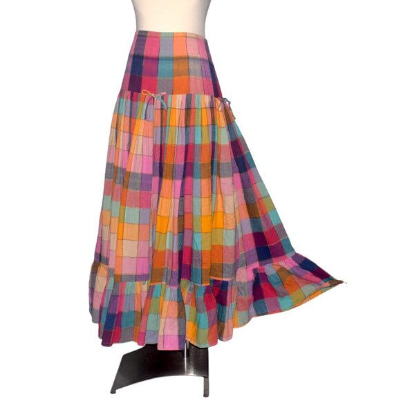 Norma Kamali Vintage 80s Rainbow Plaid Madras Ruffle Skirt Cottagecore Boho S M - Picture 4 of 9